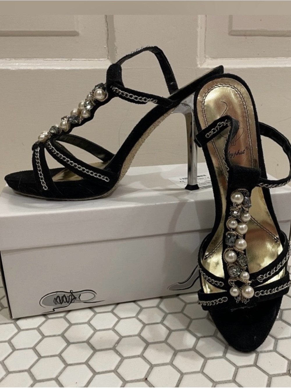 Baby Phat Black Pearl & Chain Embellished Stiletto Sandals